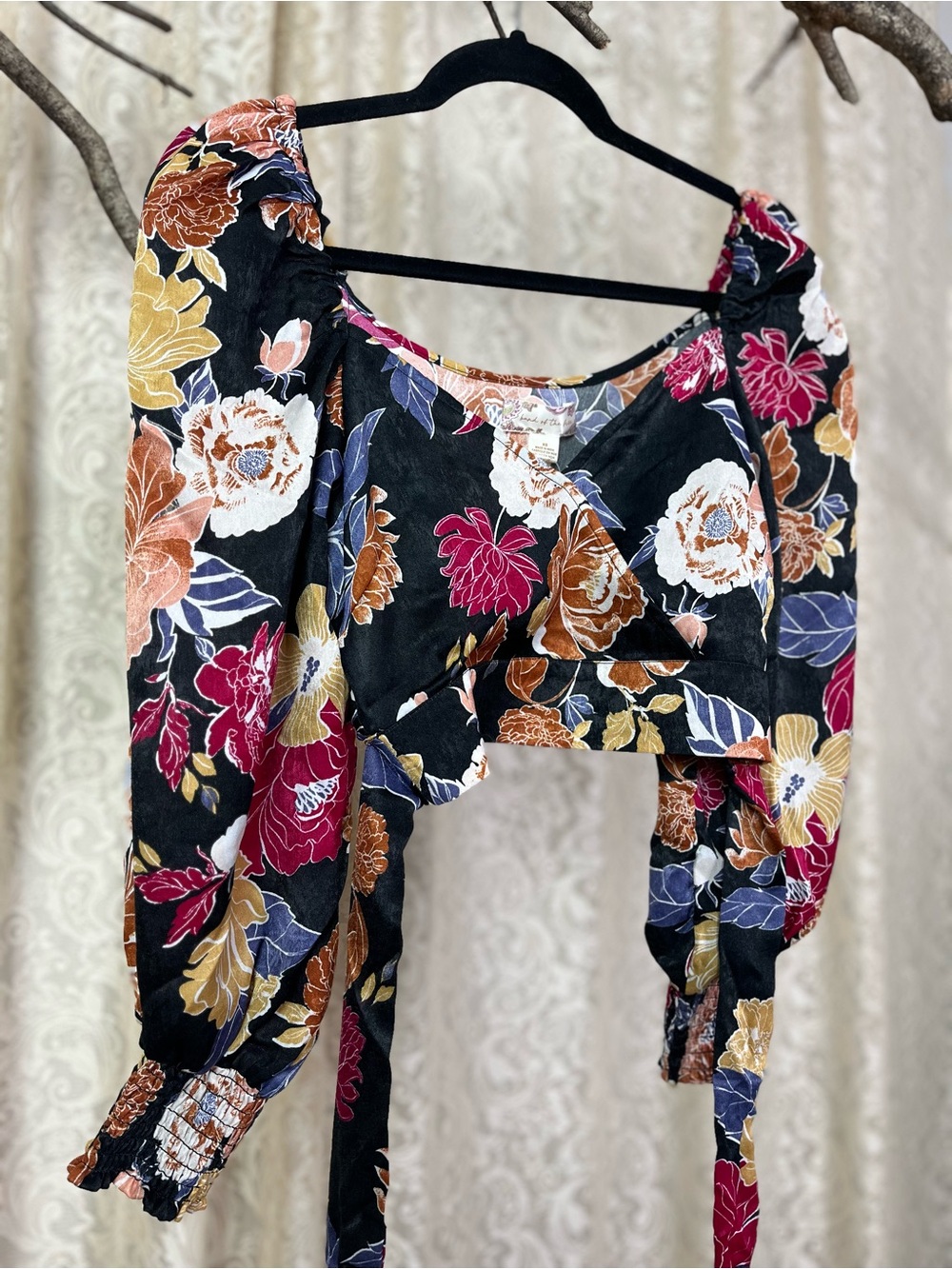 Crop Top Floral Puff-Sleeve Tie-Back Size XS